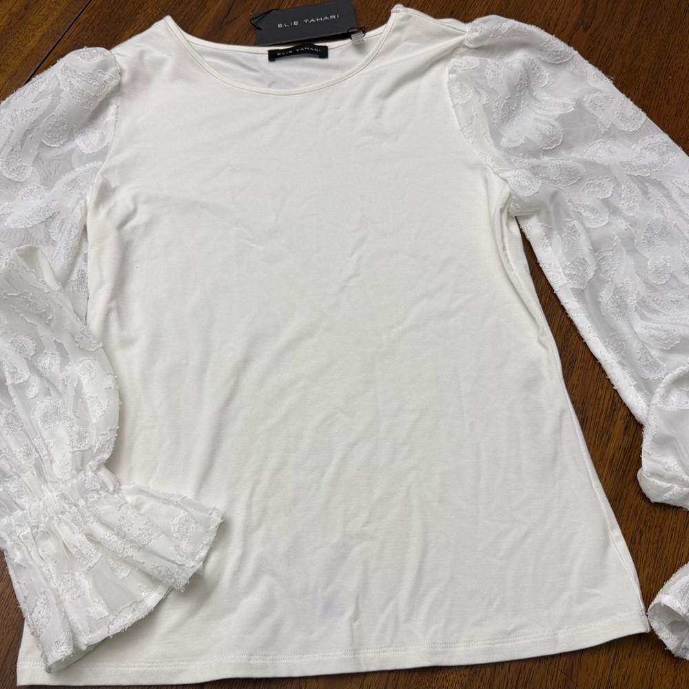 Elie Tahari White Lace Sleeve Top